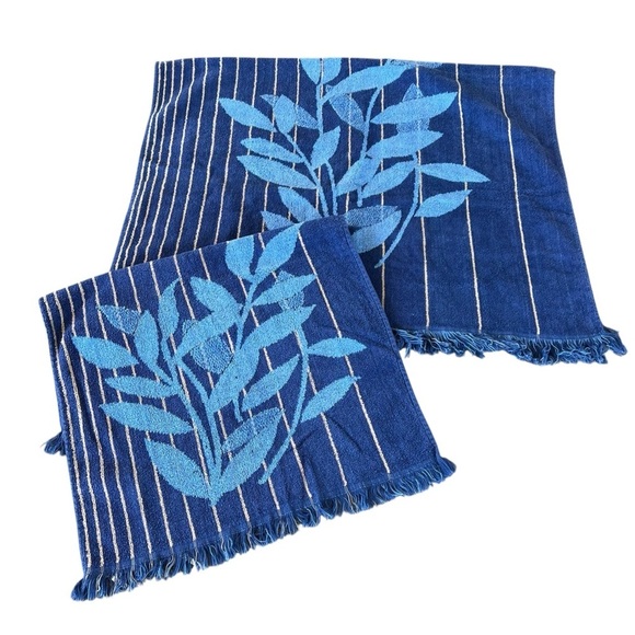 VTG Cannon Monticello Striped Leaf 2-Piece Bath Towel Set Blue MCM Retro USA GUC - Picture 1 of 10